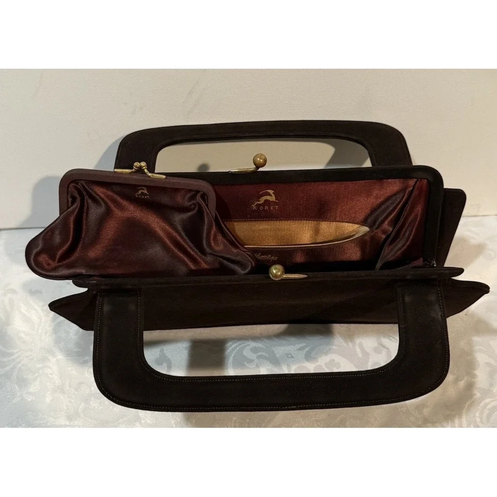 Vintage Koret Koretolope D Brown Kid Suede cut-out top handle Silk Coin‎ Bag